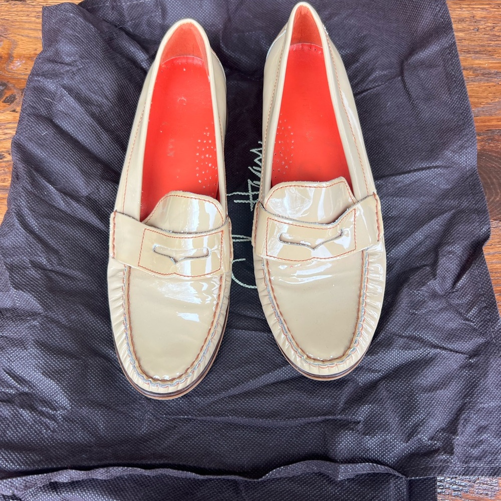 Cole Haan patent leather mocs in beige